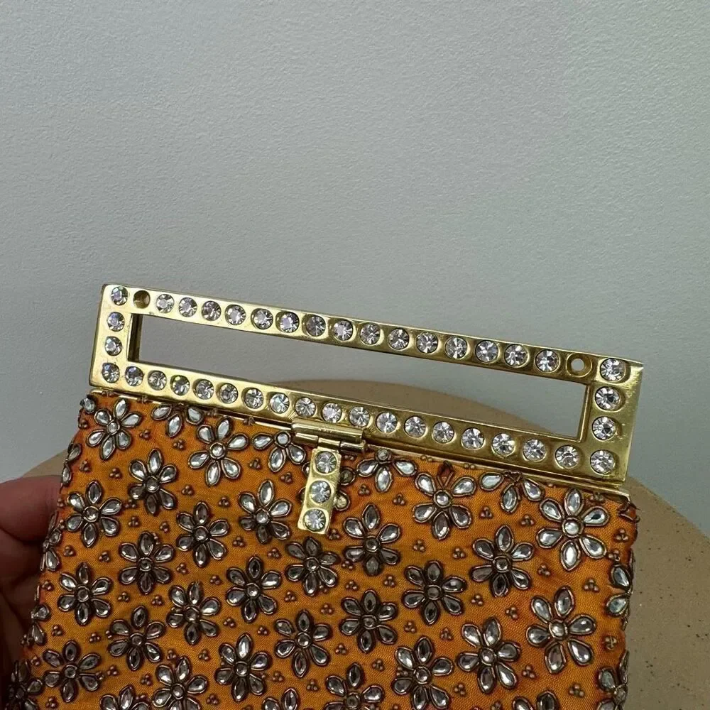 Meera Mahadevia Fully Embellished Satin Marigold Yellow Clutch Purse